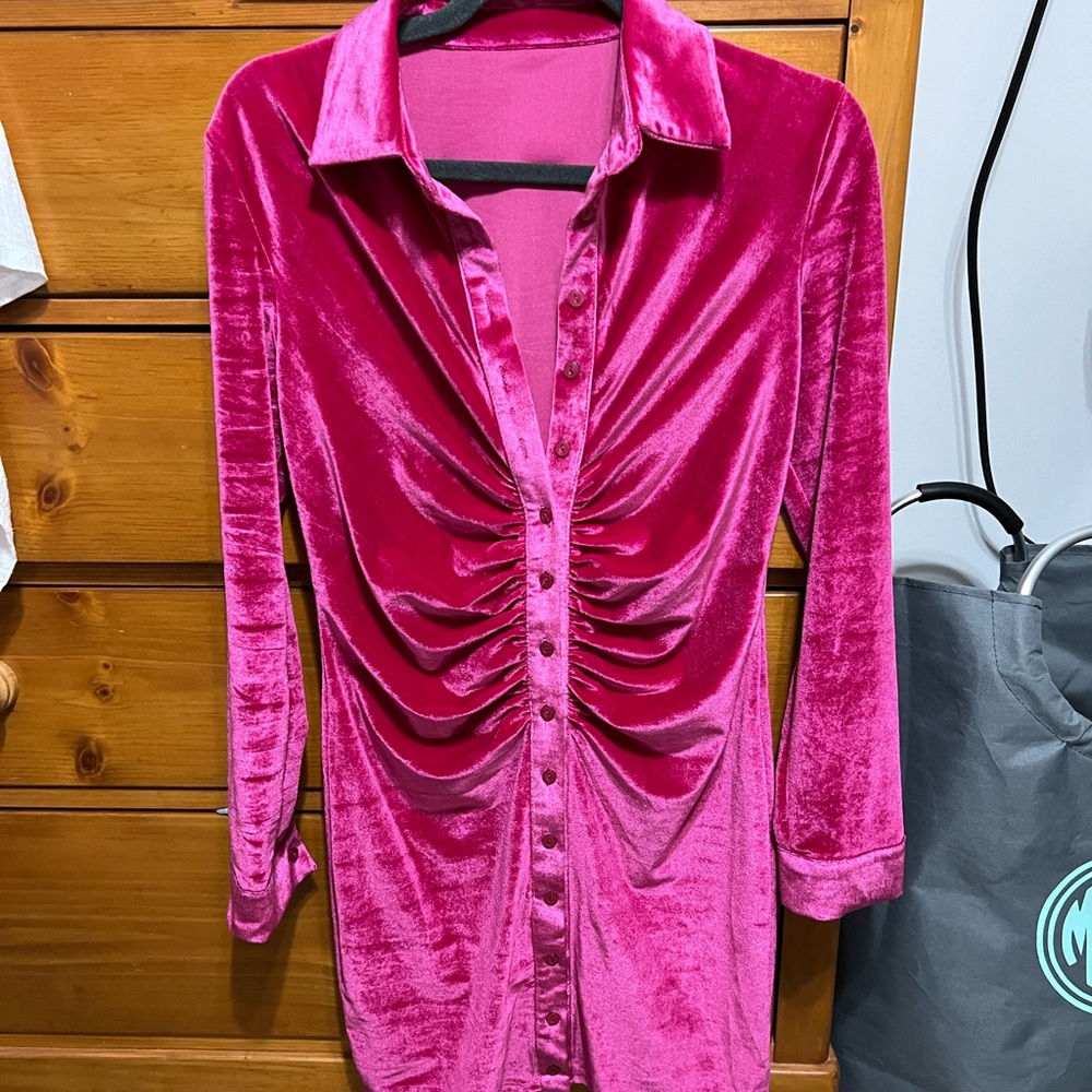 SHEIN pink ruched button velvet dress